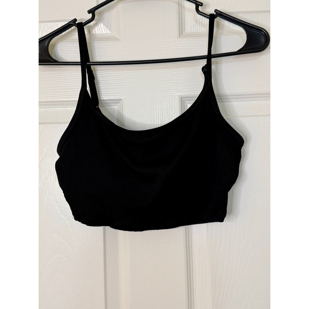 Aerie Ribbed Crop Top Women Medium Black Bralette Adjustable Straps Scoop Neck